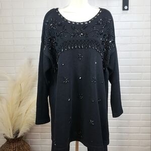 Vntg Jacque and Koko Beaded Long Knit Sweater size 14/16 Black